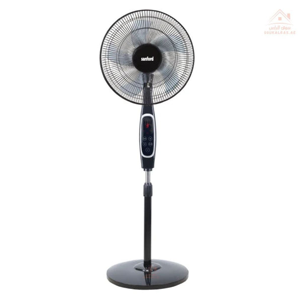 Sanford 45.7 cm Stand Fan with Remote | 3 - Speed Control, 7 - Hour Timer, LED Display | Black & White | Quiet operation with a 60W full copper motor (1300 RPM) - Souk Al Ras
