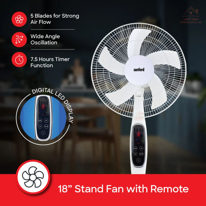 Sanford 45.7 cm Stand Fan with Remote | 3 - Speed Control, 7 - Hour Timer, LED Display | Black & White | Quiet operation with a 60W full copper motor (1300 RPM) - Souk Al Ras