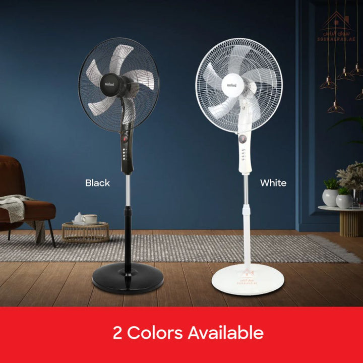 Sanford 45.7 cm Stand Fan with Remote | 3 - Speed Control, 7 - Hour Timer, LED Display | Black & White | Quiet operation with a 60W full copper motor (1300 RPM) - Souk Al Ras