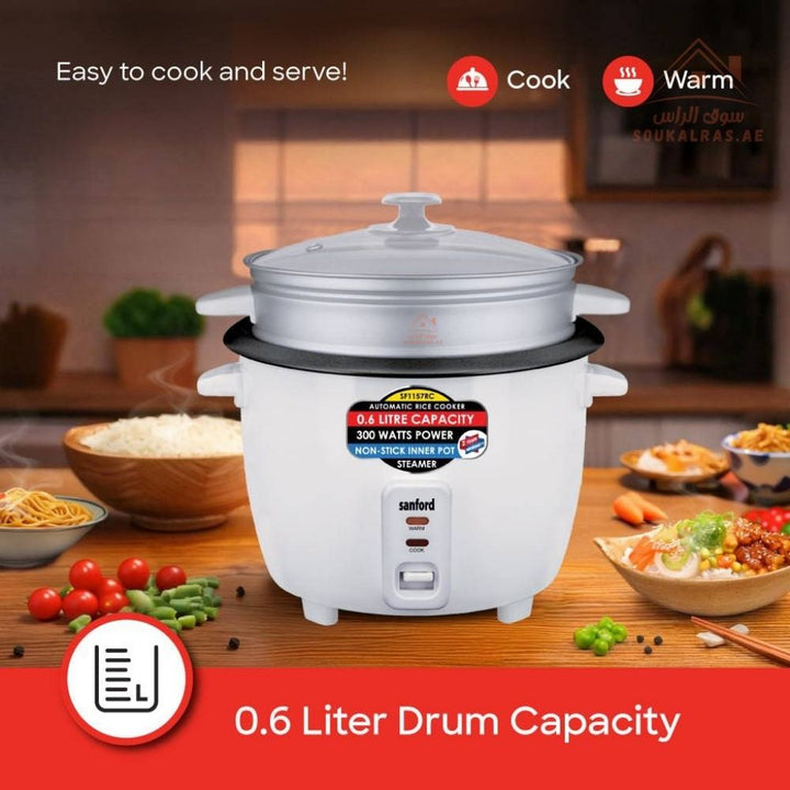 Sanford Automatic Rice Cooker | 0.6L | Non - Stick Aluminum Pot | 300W | With Steamer & Glass Lid - Souk Al Ras