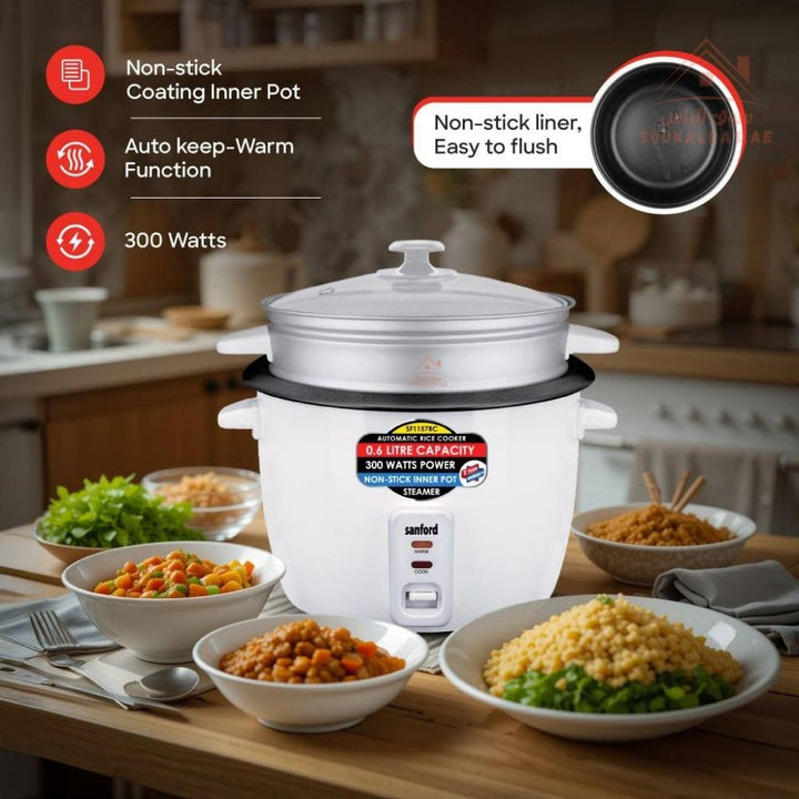 Sanford Automatic Rice Cooker | 0.6L | Non - Stick Aluminum Pot | 300W | With Steamer & Glass Lid - Souk Al Ras