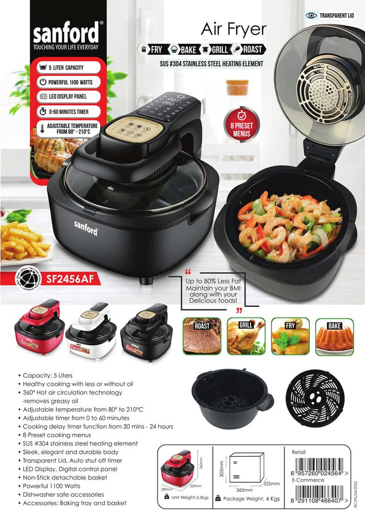 Sanford Digital Air Fryer | 1100W | 8 Preset Menus | 360° Hot Air Circulation | Healthy Oil - Free Cooking - Souk Al Ras