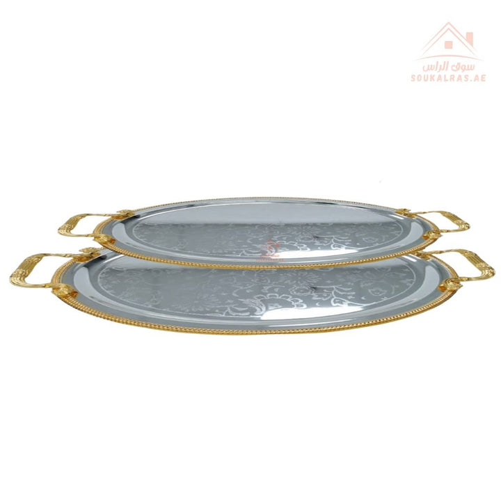 Set of 2 Venice Silver and Gold Oval Serving Trays | Elegant Handle Design | 41*32CM & 35*27CM |Perfect for All Occasions - Souk Al Ras