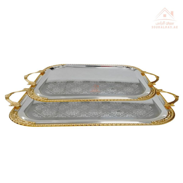 Set of 2 Venice Silver and Gold Rectangular Serving Trays | Elegant Handle Design | 38.5*30.5 CM & 31*25 CM |Perfect for All Occasions - Souk Al Ras