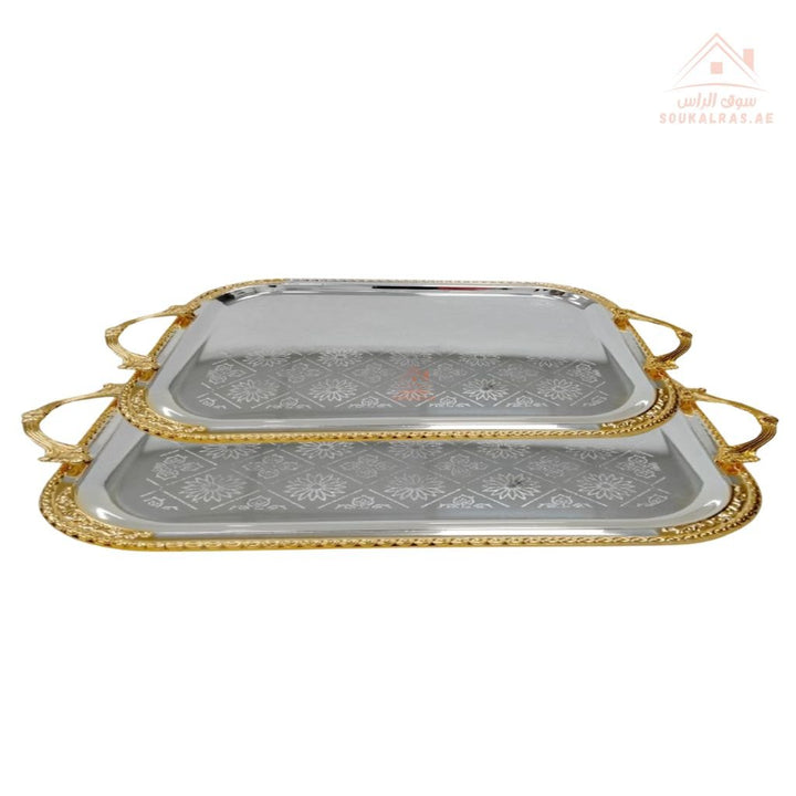 Set of 2 Venice Silver and Gold Rectangular Serving Trays | Elegant Handle Design | 38.5*30.5 CM & 31*25 CM |Perfect for All Occasions - Souk Al Ras
