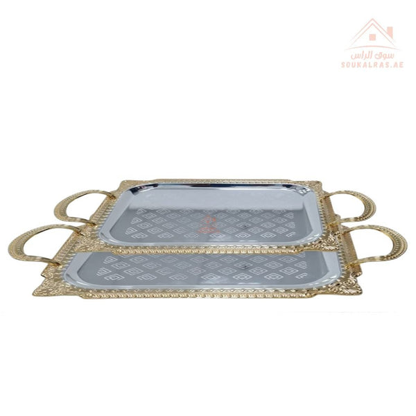 Set of 2 Venice Silver and Gold Rectangular Serving Trays | Elegant Handle Design | 40*32 CM & 32.5*26.5 CM |Perfect for All Occasions - Souk Al Ras