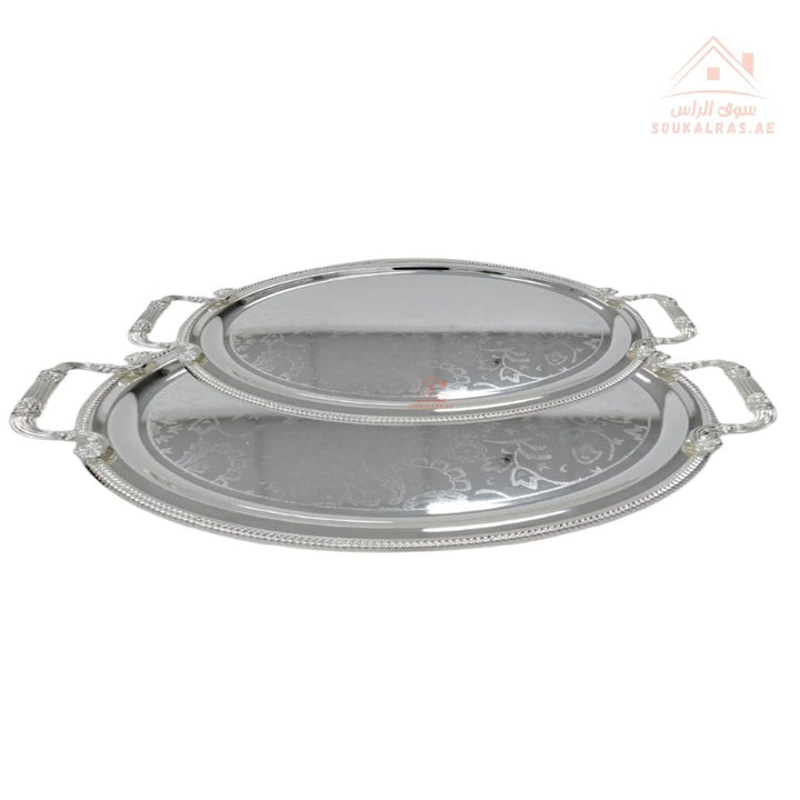 Set of 2 Venice Silver Oval Serving Trays | Elegant Handle Design | 41*32CM & 35*27CM |Perfect for All Occasions - Souk Al Ras