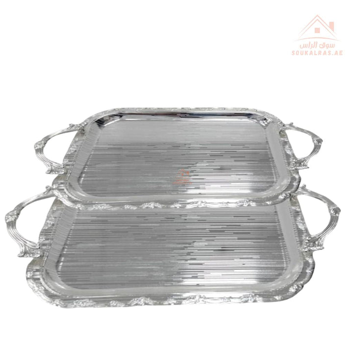 Set of 2 Venice Silver Rectangular Serving Trays | Elegant Handle Design | 38*30 CM & 31*25 CM |Perfect for All Occasions - Souk Al Ras