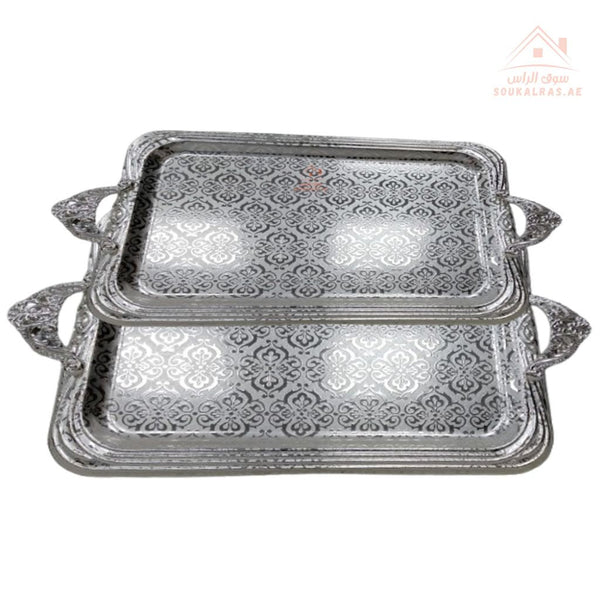 Set of 2 Venice Silver Rectangular Serving Trays | Elegant Handle Design | 39*29 CM & 34*24CM |Perfect for All Occasions - Souk Al Ras