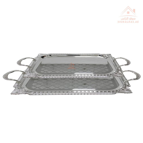 Set of 2 Venice Silver Rectangular Serving Trays | Elegant Handle Design | 40*32 CM & 32.5*26.5 CM |Perfect for All Occasions - Souk Al Ras