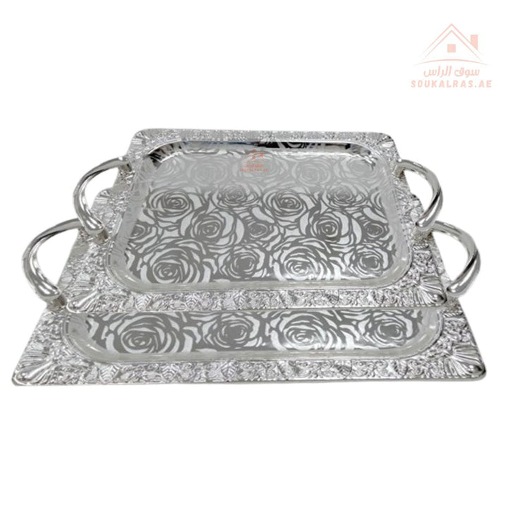 Set of 2 Venice Silver Rectangular Serving Trays | Elegant Handle Design | 40*32.5 CM & 32.5*26.5 CM |Perfect for All Occasions - Souk Al Ras