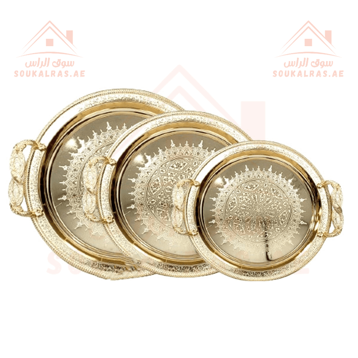 Set of 3 Gold Decorative Trays | 24/29/34 CM | Elegant Serving Trays - Souk Al RasServing Dishes Trays & Platters