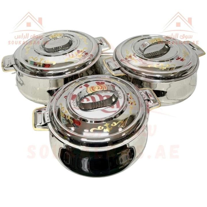 Shadah Thermal Insulated Casserole Hot Pot Set | Laser printed | Stainless Steel Food Warmers | 1500ml , 2500ml , 3500ml | Set of 3 | Keeps Food Hot for Hours | Made in India - Souk Al Ras