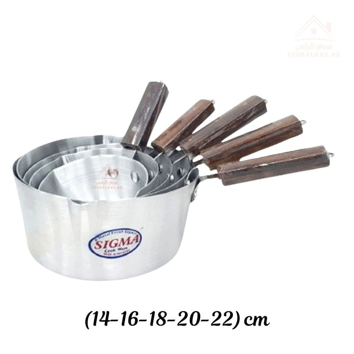 SIGMA 5 - Piece Aluminum Milk Pan Set | Wooden Handle | Sizes 14 - 16 - 18 - 20 - 22CM | Lightweight & Durable | Made in India - Souk Al Ras