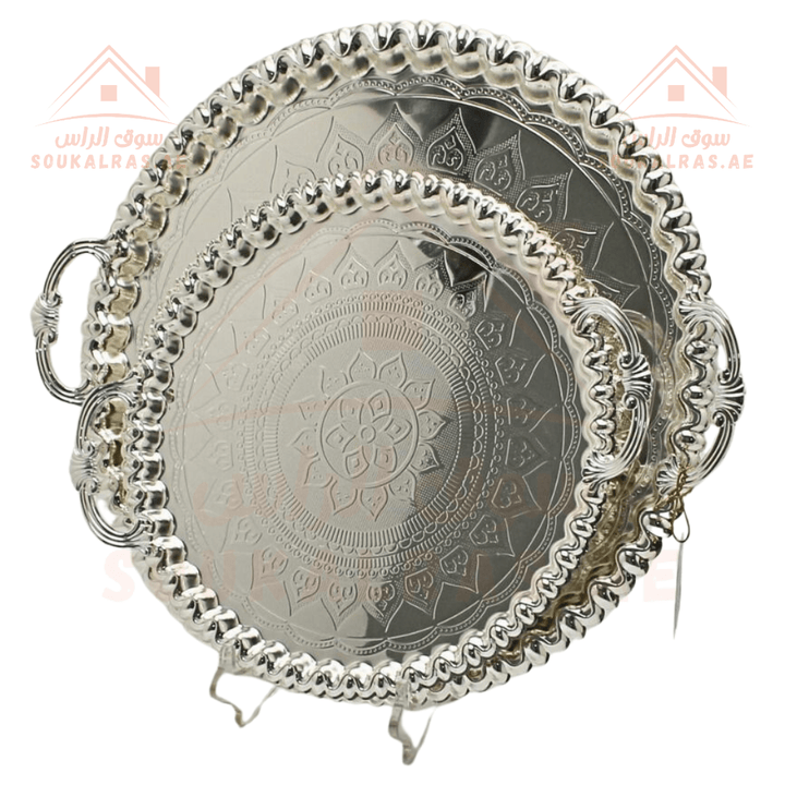 Silver Circle Tray Set | 2 - Piece Ornate Serving Trays | Elegant Design with silver Accents - Souk Al Ras