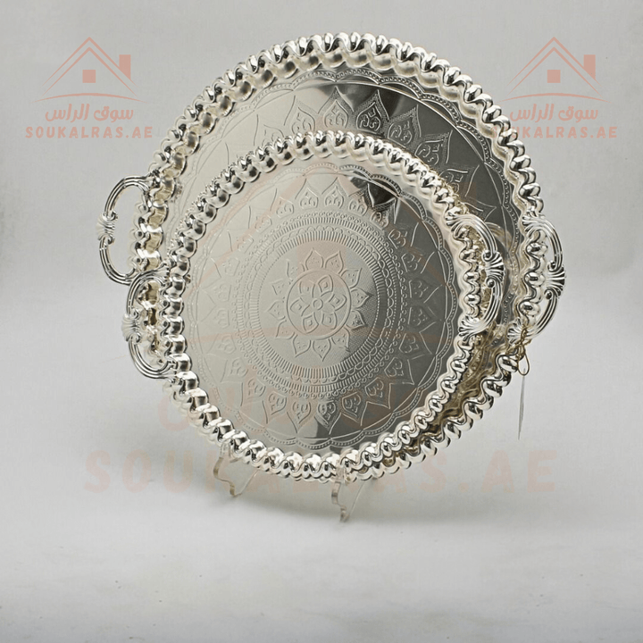 Silver Circle Tray Set | 2 - Piece Ornate Serving Trays | Elegant Design with silver Accents - Souk Al Ras