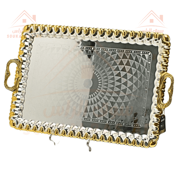 Silver Rectangle Serving Tray | Elegant Gold Finish | Premium Ornate Handles | Luxurious Design - Souk Al Ras