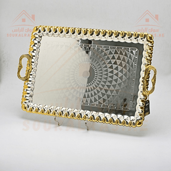 Silver Rectangle Serving Tray | Elegant Gold Finish | Premium Ornate Handles | Luxurious Design - Souk Al Ras