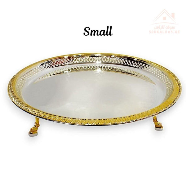 Small Round Serving Tray with Legs | Gold & Silver Finish | Elegant Raised Design | Ideal for majlis, Eid gatherings, home décor, and catering - Souk Al Ras
