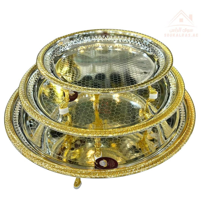 Small Round Serving Tray with Legs | Gold & Silver Finish | Elegant Raised Design | Ideal for majlis, Eid gatherings, home décor, and catering - Souk Al Ras