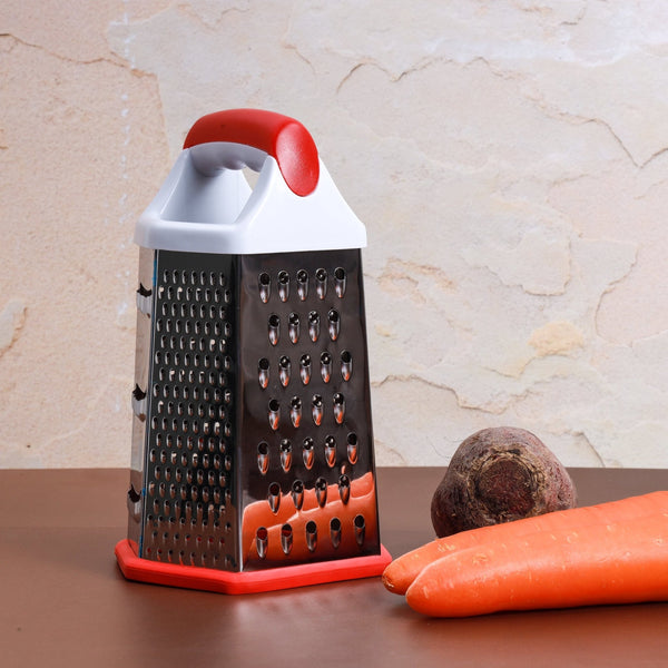 Stainless Steel Grater - 6 Slided Hand Held Grater - Slicer - Chopper - Red & White - Souk Al RasKitchen Accessories