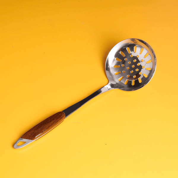 Stainless Steel Skimmer with Wooden Finish Handle - Slotted Skimmer Spoon - Souk Al RasSpatulas Whisks & Turning Spoons