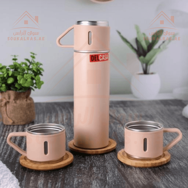 Stainless Steel Vacuum Bottle Set | 500ml Bottle + 2 Cups | Portable Travel Set - Souk Al RasWater Bottles