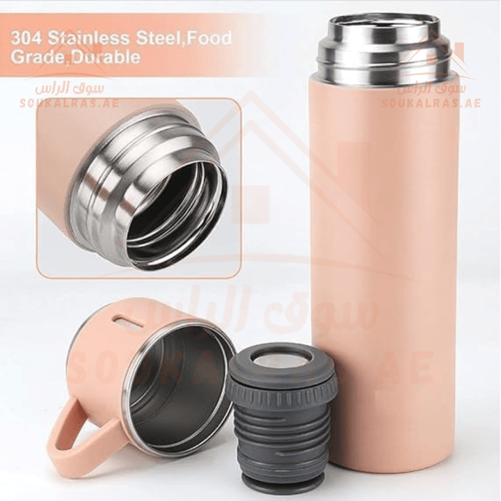 Stainless Steel Vacuum Bottle Set | 500ml Bottle + 2 Cups | Portable Travel Set - Souk Al RasWater Bottles