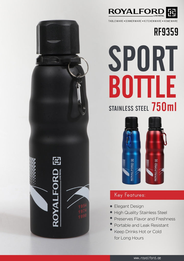 Stainless Steel Water Bottle - Reusable Wide Mouth with Hanging Clip 750ml - Souk Al RasDrinkware