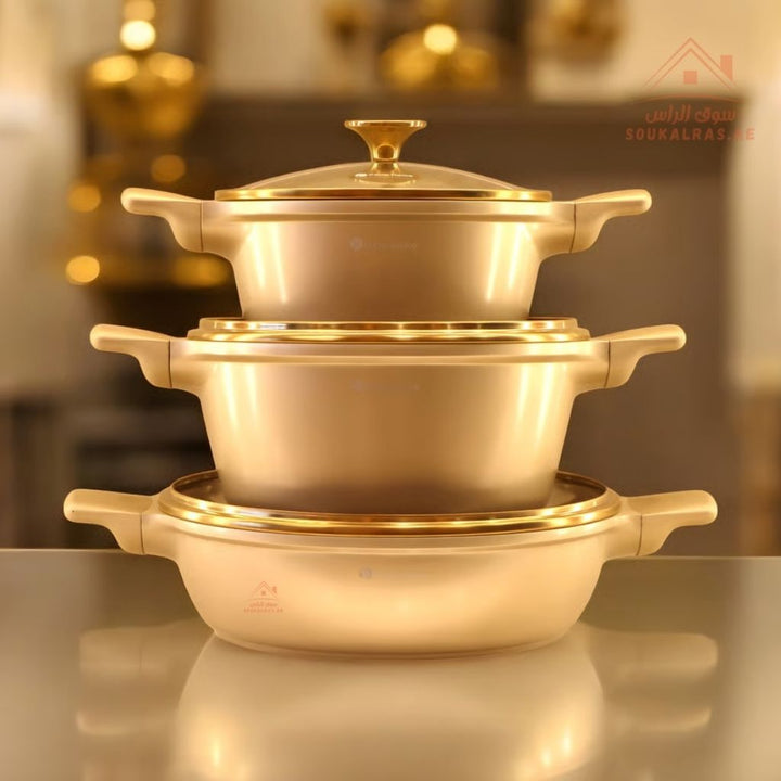 Stream Series 9 - Piece Crystal Ceramic Cookware Set(16 - 20 - 24 - 24 - 28cm) | Casseroles, Shallow Casserole, Saucepan, Frypan | Premium Scratch - Resistant & Induction Base - Souk Al Ras