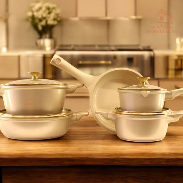 Stream Series 9 - Piece Crystal Ceramic Cookware Set(16 - 20 - 24 - 24 - 28cm) | Casseroles, Shallow Casserole, Saucepan, Frypan | Premium Scratch - Resistant & Induction Base - Souk Al Ras