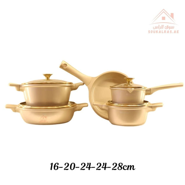 Stream Series 9 - Piece Crystal Ceramic Cookware Set(16 - 20 - 24 - 24 - 28cm) | Casseroles, Shallow Casserole, Saucepan, Frypan | Premium Scratch - Resistant & Induction Base - Souk Al Ras