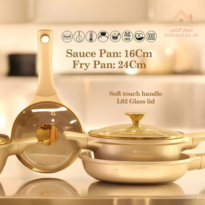 Stream Series 9 - Piece Crystal Ceramic Cookware Set(16 - 20 - 24 - 24 - 28cm) | Casseroles, Shallow Casserole, Saucepan, Frypan | Premium Scratch - Resistant & Induction Base - Souk Al Ras