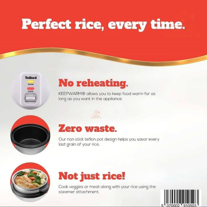 Telford 3 - in - 1 Rice Cooker & Steamer | 1.2L Capacity | 500W Power | Teflon Coated Non - Stick Pot | Aluminum Steamer | 6 Cups Cooked Rice - Souk Al Ras