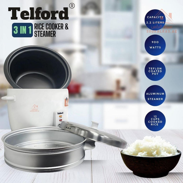 Telford 3 - in - 1 Rice Cooker & Steamer | 2.2L Capacity | 900W Power | Non - Stick Teflon Coated Pot | Aluminum Steamer | 12 Cups Cooked Rice - Souk Al Ras