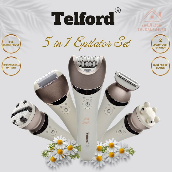 Telford 5 - in - 1 Epilator Set | Waterproof IPX6 | Rechargeable Hair Removal Device | 2 - Speed Touch Function | Rust - Proof Blades for Face & Body - Souk Al Ras