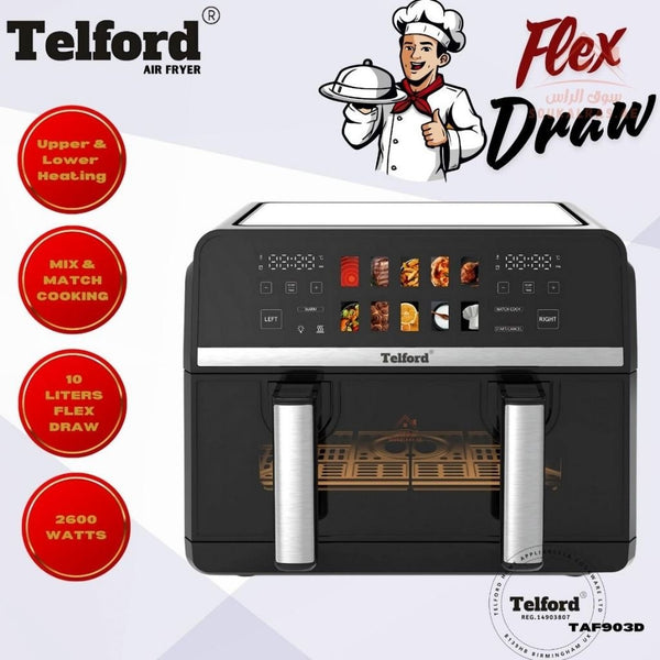 Telford Flex Draw 10L Air Fryer | Dual Heating System | Mix & Match Cooking | 2600W Power | Smart Digital Control | Healthy Oil - Free Frying - Souk Al Ras
