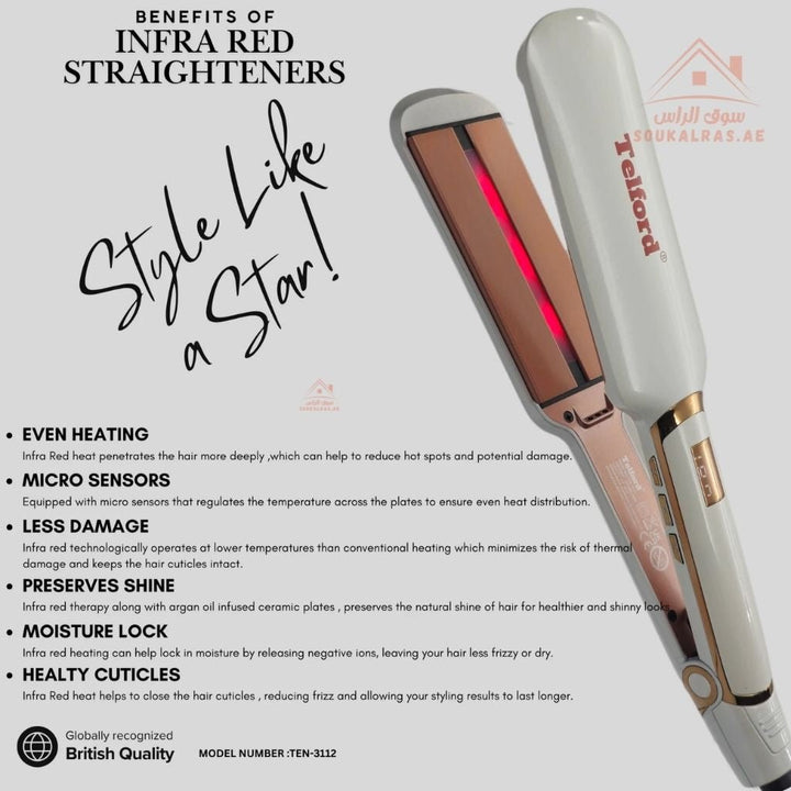 Telford Infrared Hair Straightener | Argan Oil Infused Plates | Infrared Heat Technology | 11 Temperature Settings (130°C – 230°C) | Professional Salon - Grade Flat Iron - Souk Al Ras
