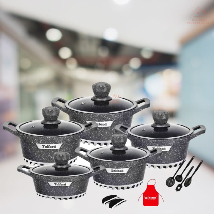 Telford Insignia 17 - Piece Titanium Reinforced Granite Cookware Set with 1 Year Warranty. Guaranteed British Brand. - Souk Al RasCookware Sets