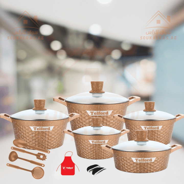 TELFORD RIVERIA Granite Cookware 17 - Piece Set with 1 - Year Warranty - Premium Kitchenware - Souk Al RasCookware Sets