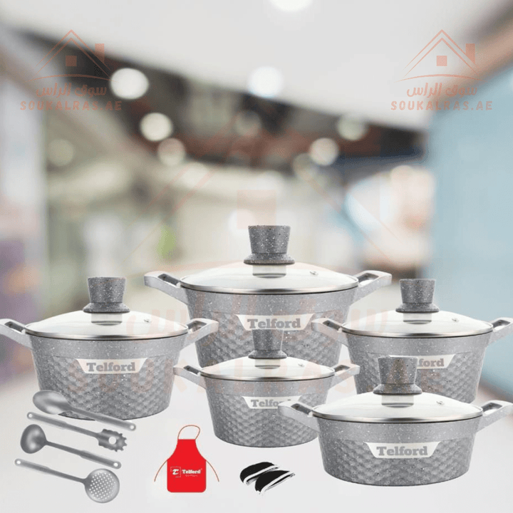 TELFORD RIVERIA Granite Cookware 17 - Piece Set with 1 - Year Warranty - Premium Kitchenware - Souk Al RasCookware Sets