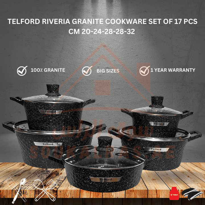 TELFORD RIVERIA Granite Cookware 17 - Piece Set with 1 - Year Warranty - Premium Kitchenware - Souk Al RasCookware Sets
