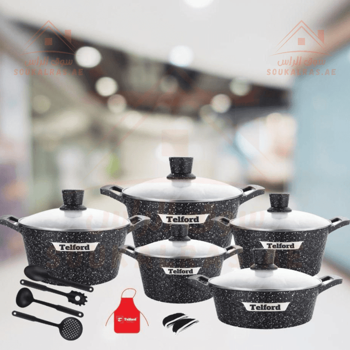 TELFORD RIVERIA Granite Cookware 17 - Piece Set with 1 - Year Warranty - Premium Kitchenware - Souk Al RasCookware Sets