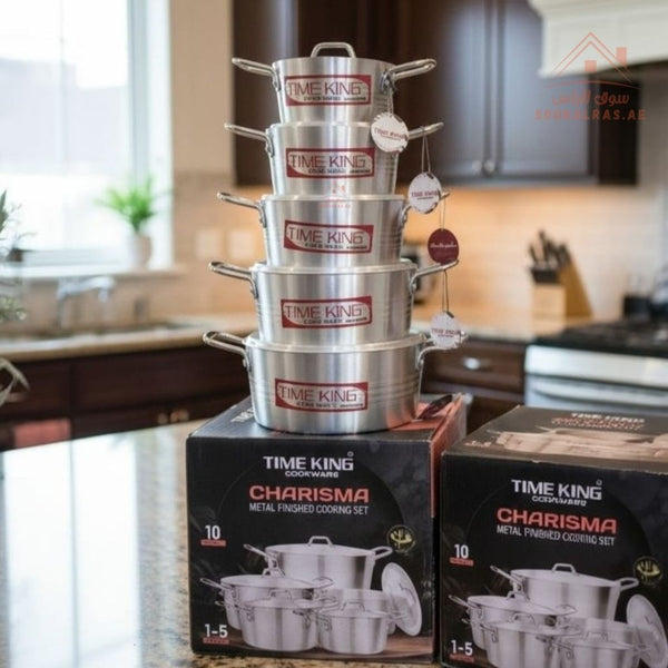 Time King Charisma 10 - Piece Aluminium Cooking Pot Set | Durable Metal Finish Cookware | perfect for everyday cooking | Lightweight & Heat Conductive - Souk Al Ras