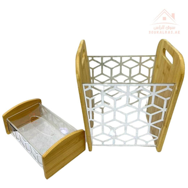 Tissue Box & Holder Bamboo & Acrylic Organizer 2 - Piece Set | Elegant Modern Storage | Home Décor - Souk Al Ras