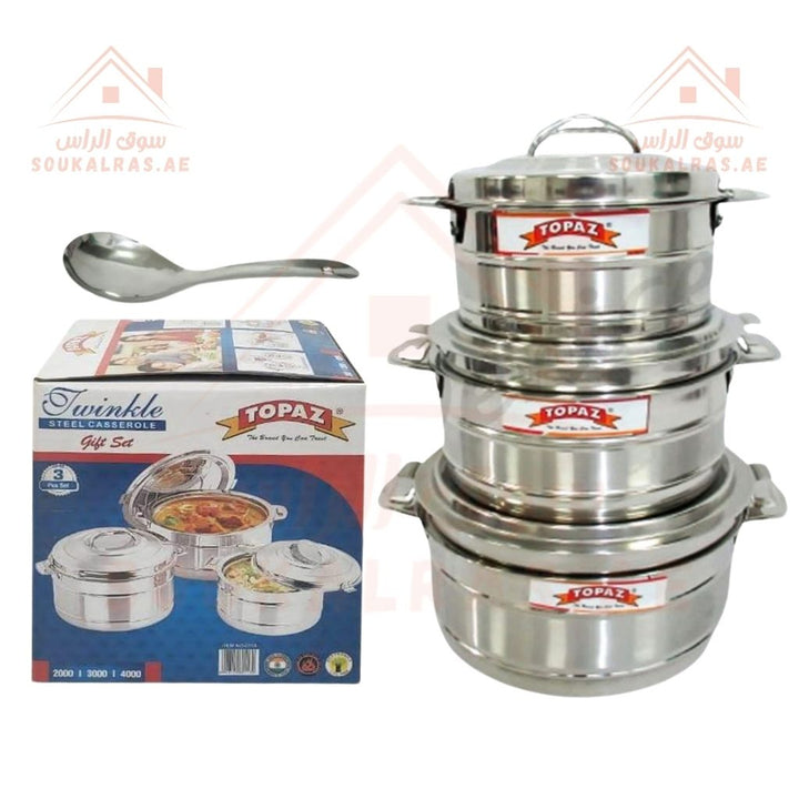 TOPAZ Thermal Insulated Casserole Hot Pot Set | Laser printed | Stainless Steel Food Warmers | 2000ml , 3000ml , 4000ml | Set of 3 | Keeps Food Hot for Hours | Made in India - Souk Al Ras