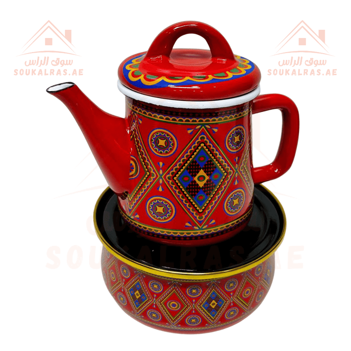 Traditional Arabic Tea Set with Teapot, Stand, & Serving Date Plate - 6 Cups - Available in Yellow & Red - Souk Al RasCoffee & Tea Cups