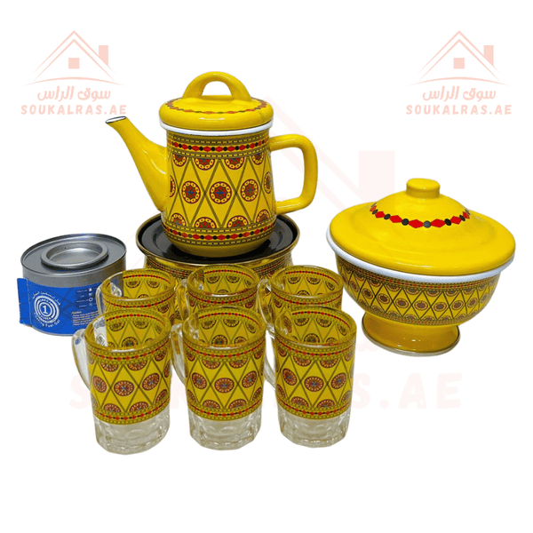 Traditional Arabic Tea Set with Teapot, Stand, & Serving Date Plate - 6 Cups - Available in Yellow & Red - Souk Al RasCoffee & Tea Cups