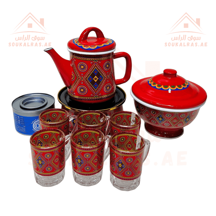 Traditional Arabic Tea Set with Teapot, Stand, & Serving Date Plate - 6 Cups - Available in Yellow & Red - Souk Al RasCoffee & Tea Cups