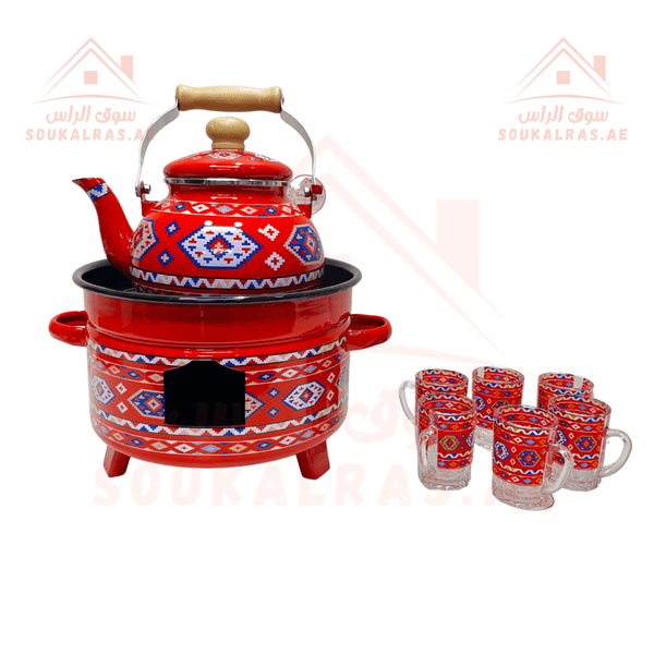 Traditional Najdi Enamel Kettle & Tea Glass Set and stove 26 cm for cooking and heating with traditional Arabic designs - Souk Al RasDrinkware
